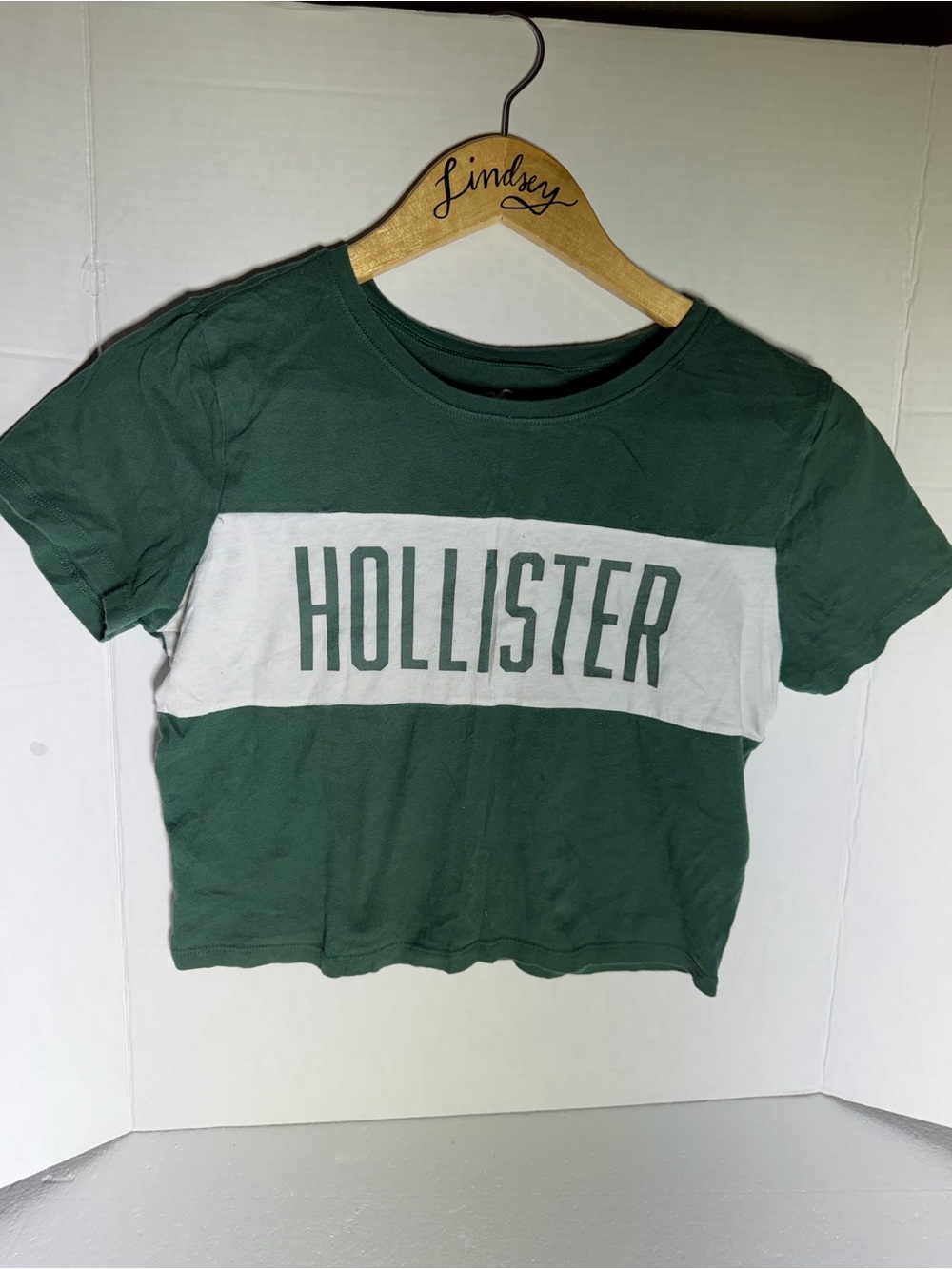 Hollister Green and White Logo Crop Top